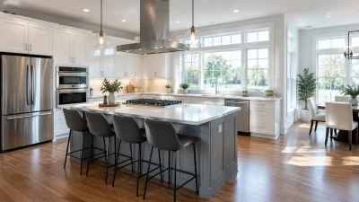 A bright, modern kitchen with an island and dining area A bright, modern kitchen with an island and dining area